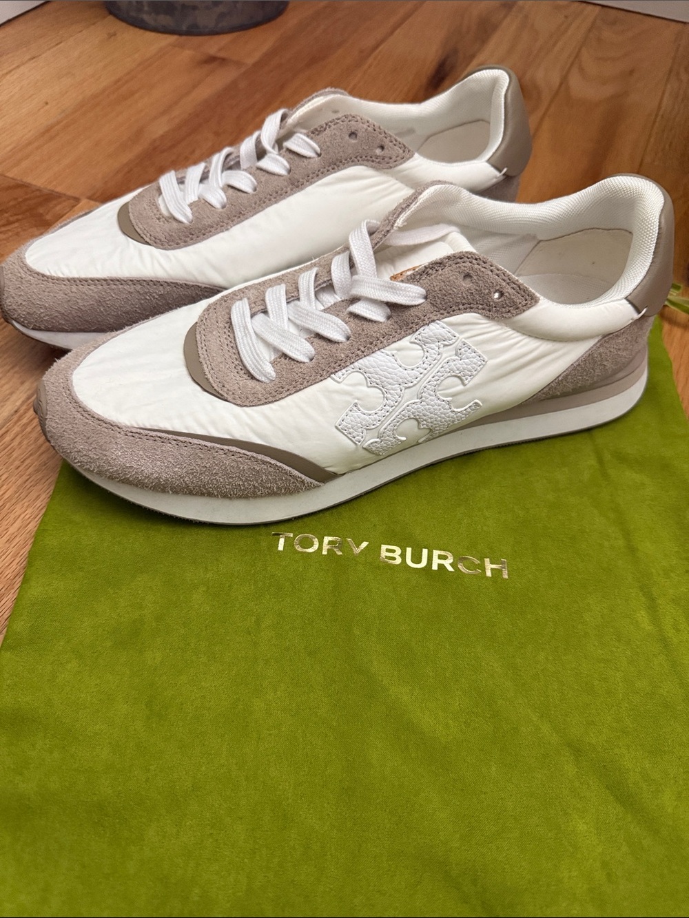 Tory Burch White & Taupe Suede-Trim Runner Sneakers